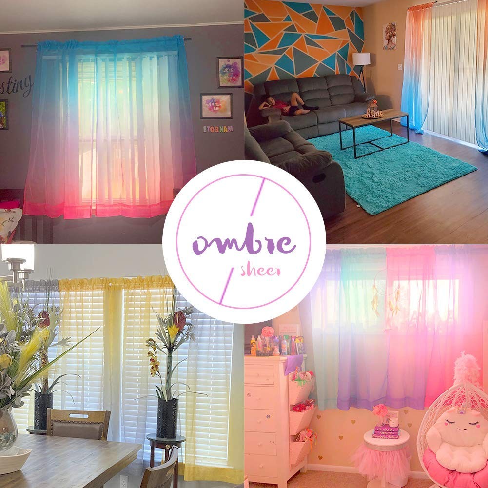 2 Panel Ombre Sheer Curtains 40×63 Pink Purple Rod Pocket Girls Bedroom Drapes