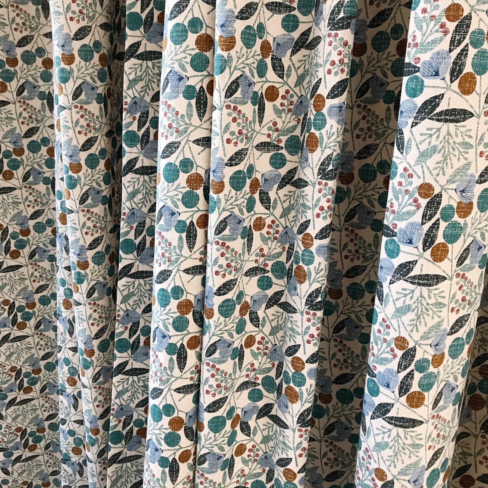Modern Vintage Handmade Teal Cherry Blossom Pattern Natural Beige Curtain Panels