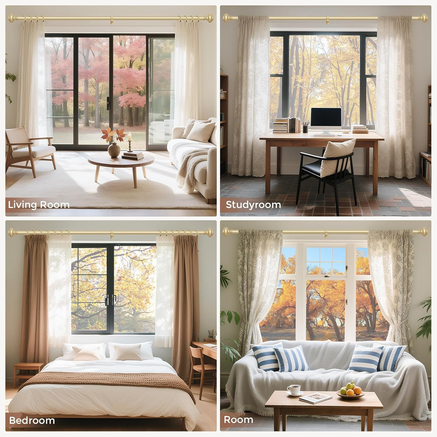 Gold Curtain Rods for Windows 30 to 56 Inch, Decorative Heavy Duty Single-Side A
