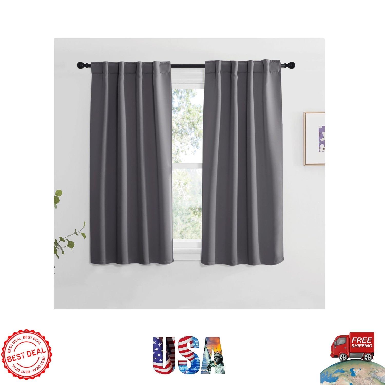 Energy Saving Grey Blackout Curtains 34×48 inch – Set of 2 Room Darkening Panels