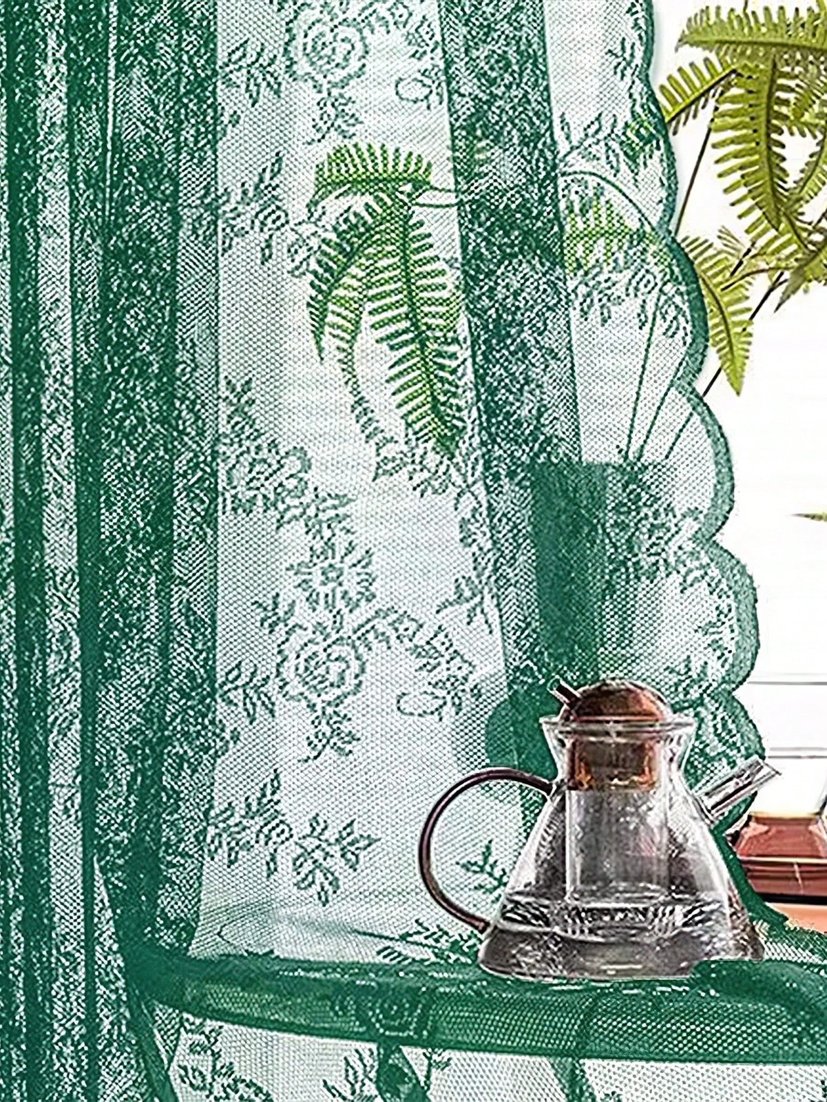 Green Floral Lace Sheer Curtain Panel 59Wx118L 150x300cm For Window