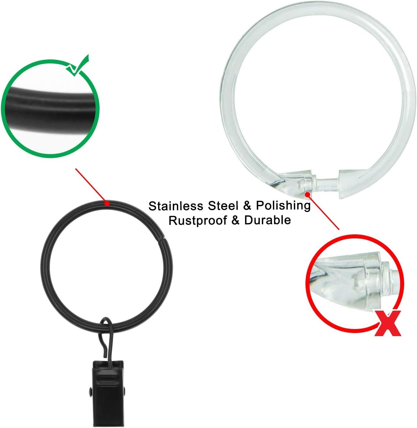 Large Curtain Rings with Clips, 10 Pack 2.5 Inch Rustproof Metal Drapery Hoops