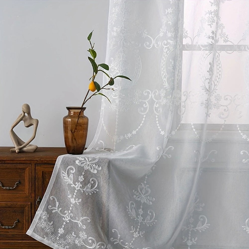 White Embroidery Floral Sheer Curtains Voile Drapes Panels Grommet Top Bedroom