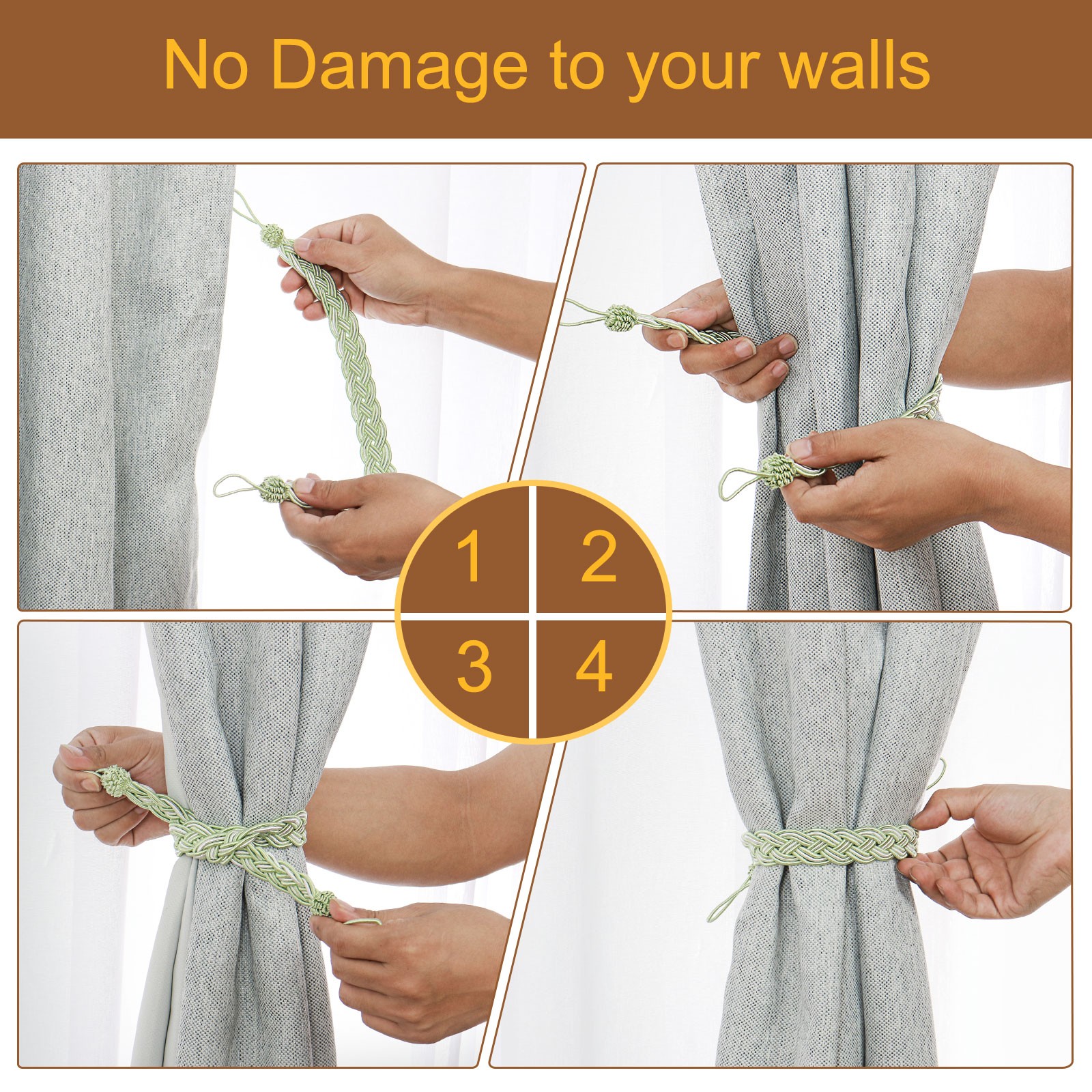 4Pcs 23″ Curtain Tiebacks Braid Drapery Holdback Holder with Hooks Black