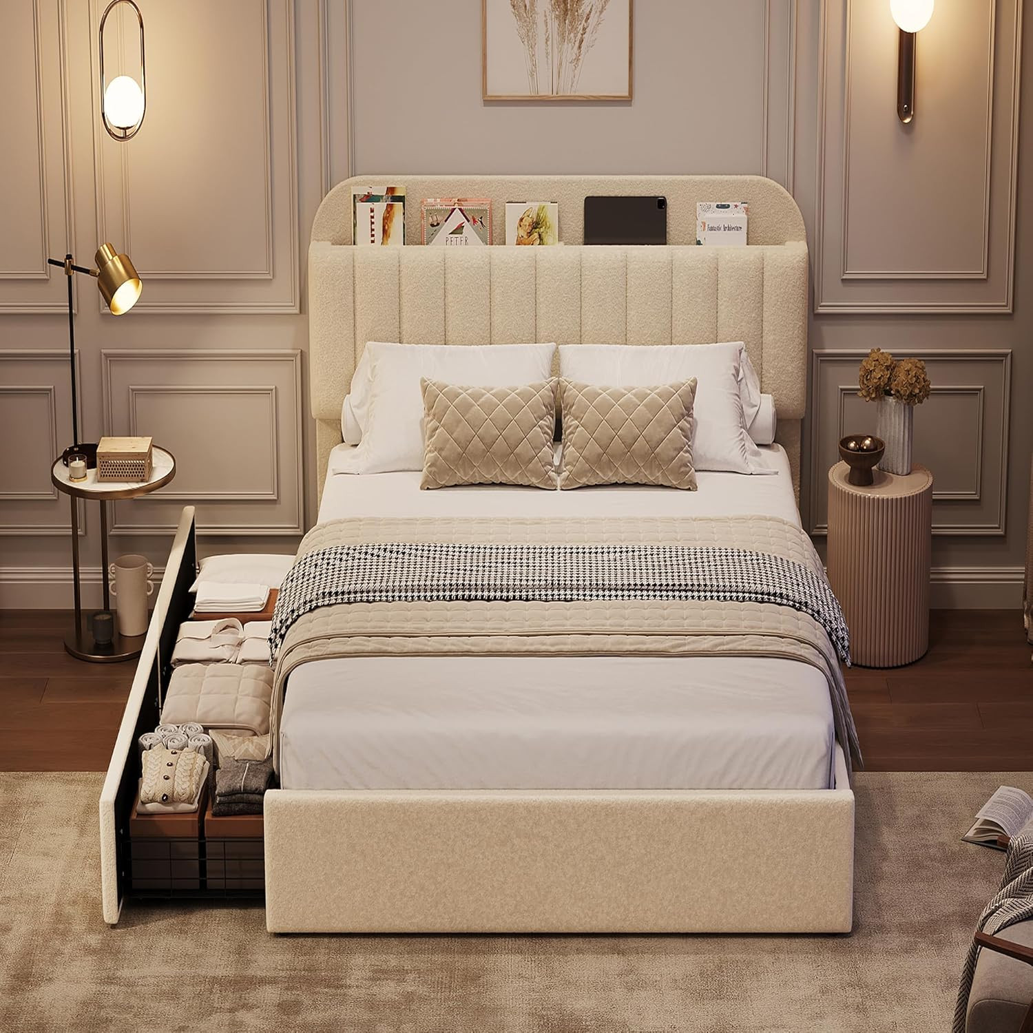 Ivory White Twin Bed Frame with Storage Headboard & Drawers, Easy Assembly