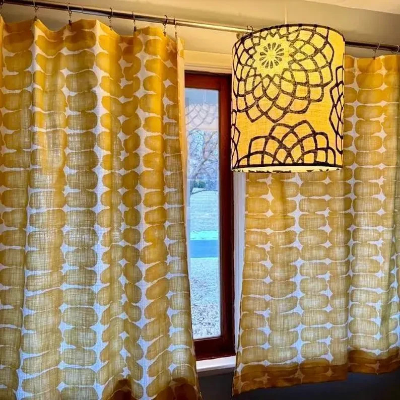 Curtains Made in USA, Shibori Dot Brazilian Yellow, Medium Weight Cotton Slub