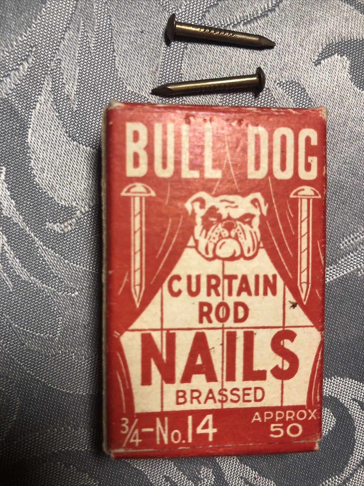 Approx 50 CURTAIN ROD BRASS NAILS 3/4-No.14 OPEN BOX VINTAGE NEW