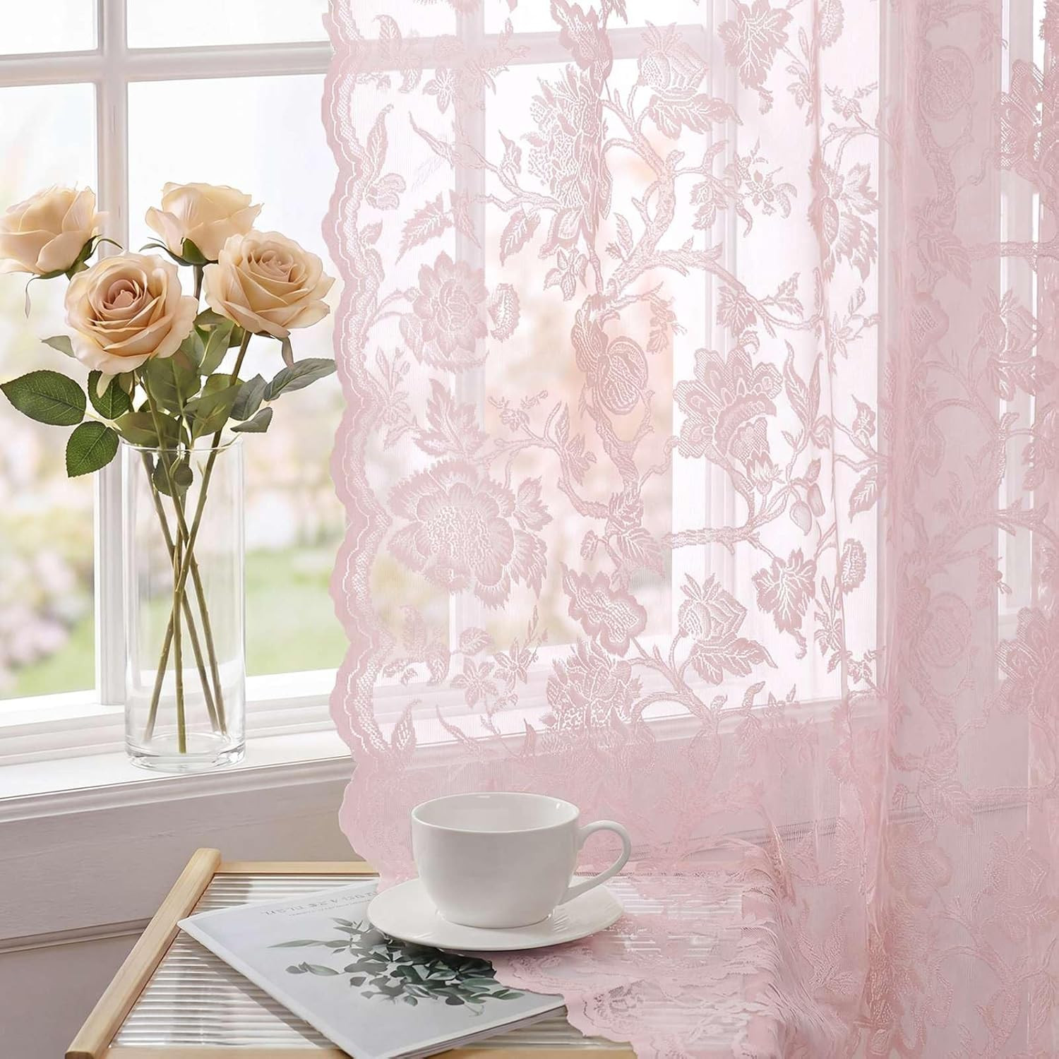 H.VERSAILTEX Light Pink Lace Curtains 54 Inch Length 2 Panels Set Rod Pocket, Fr