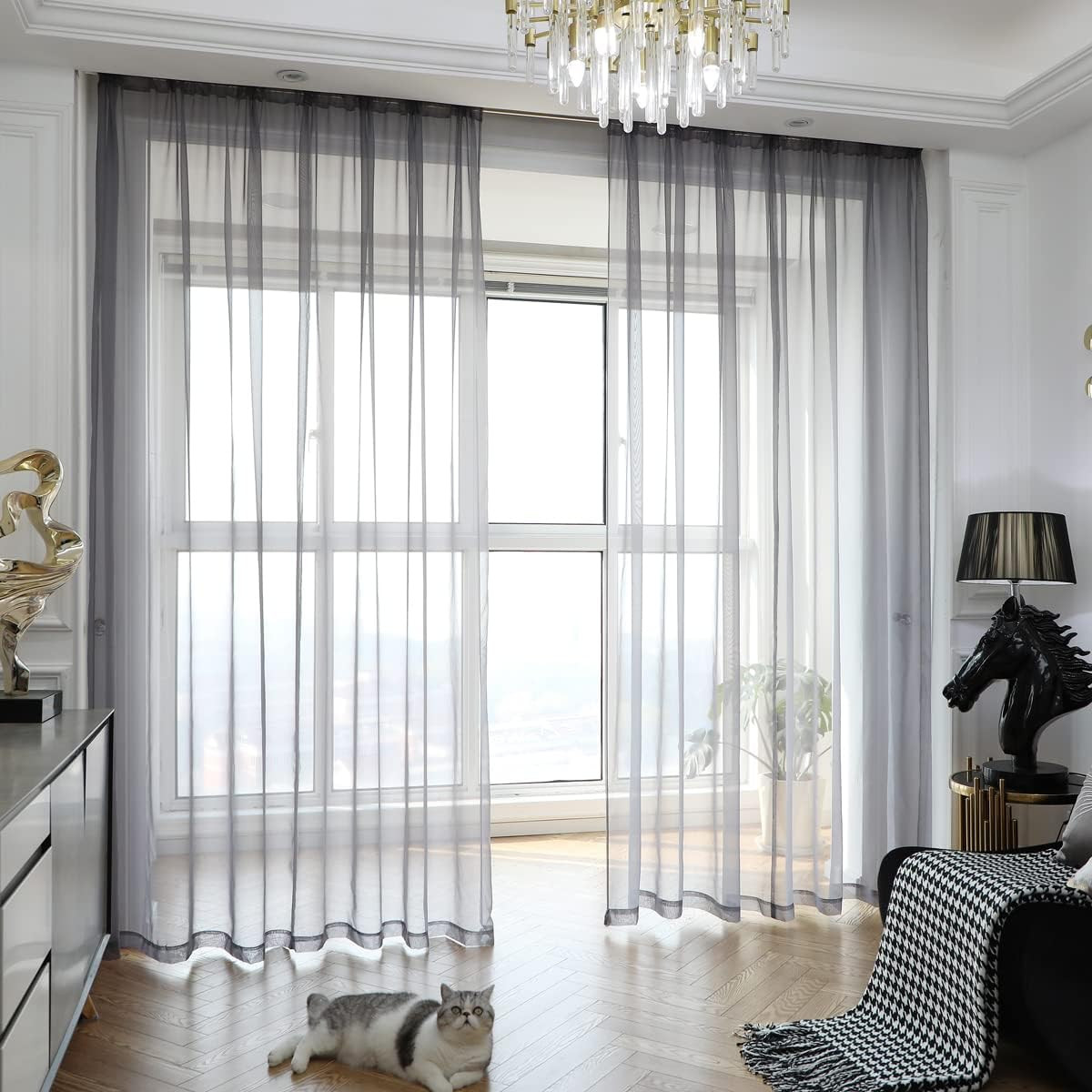 Dark Gray Sheer Curtains 84 Inches Length 2 Panels Set Window Sheer Curtains Bas