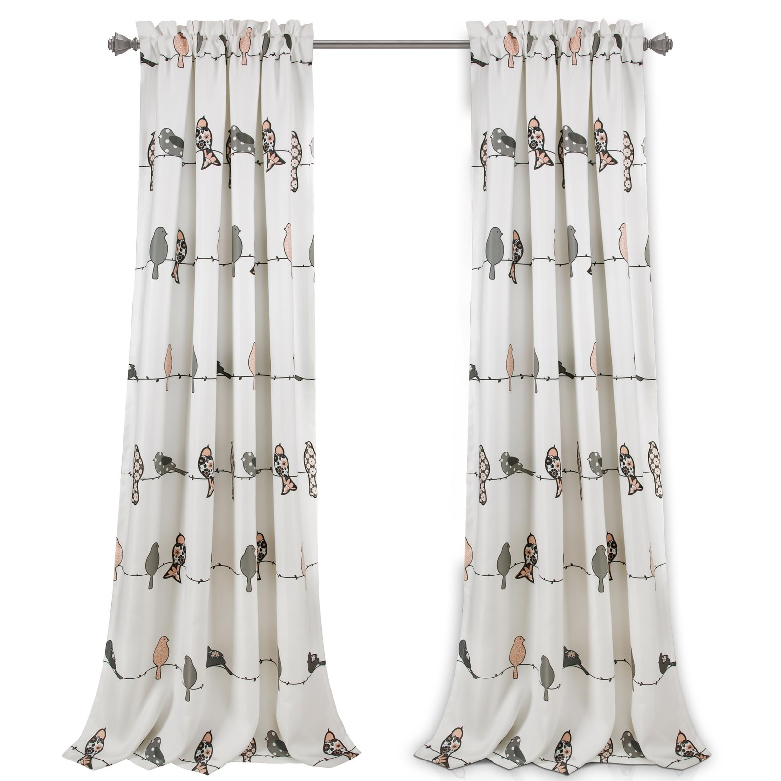 Bird Print Light Filtering Curtains 52″ x 84″ – Whimsical Floral Window Panels