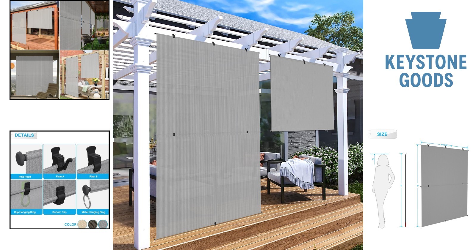 Outdoor Foldable Sunshade Blinds for Porch & Deck – 7’Wx6’H, Light Grey