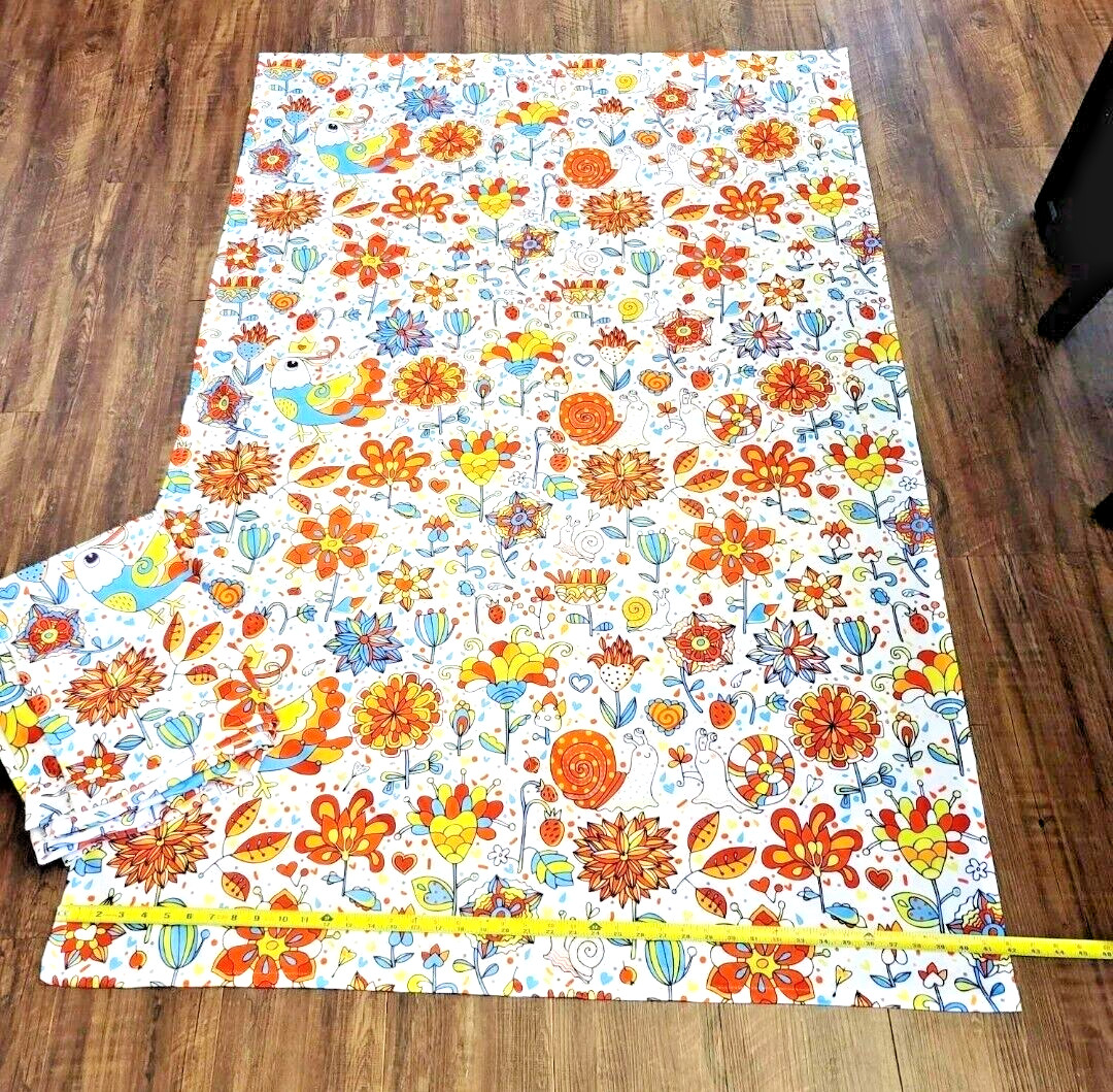 2 Curtain Panels. Whimsical Flowers & Birds. 63″x42″ Rod Pocket. Unbranded.