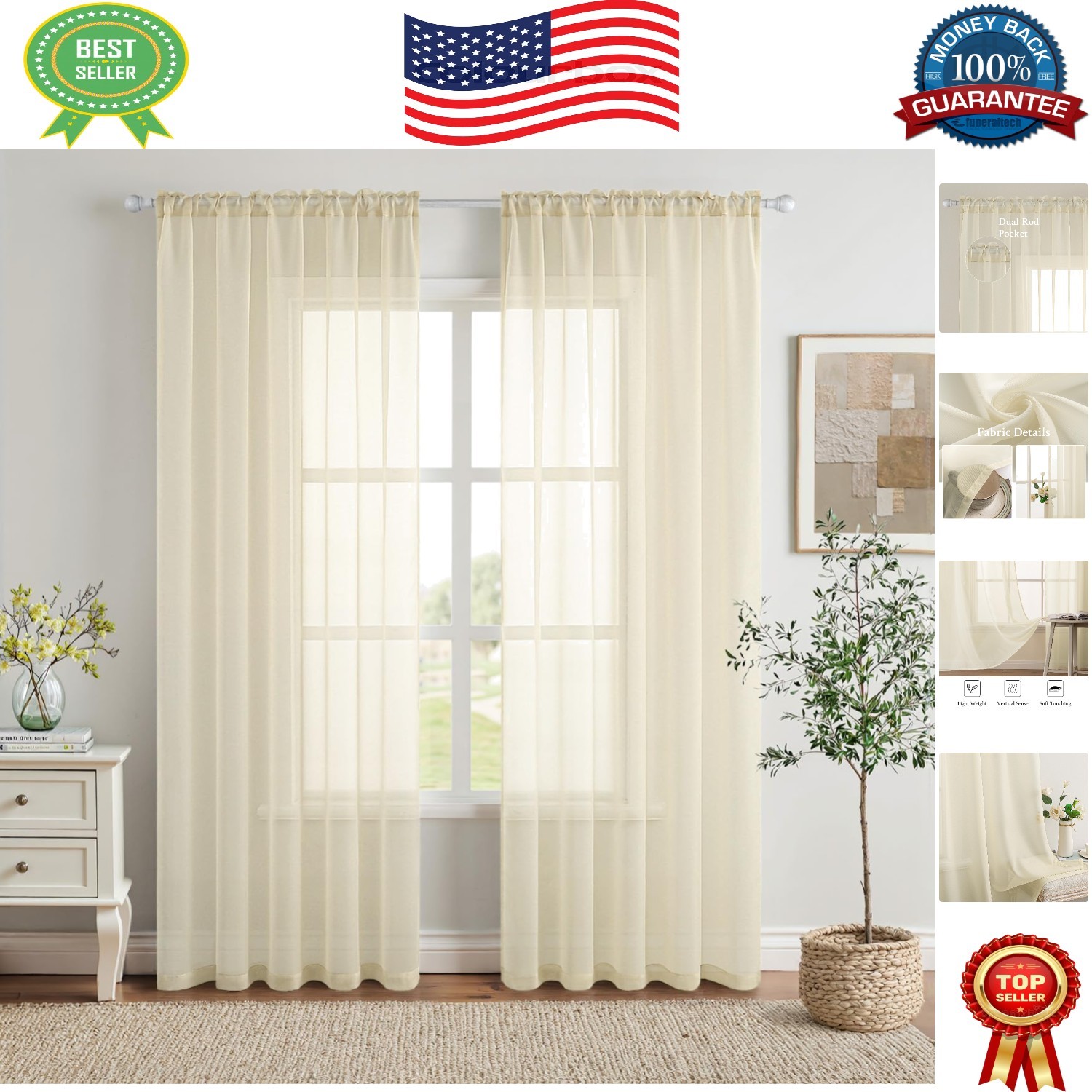 Versatile Sheer Light Cream Curtains for Bedrooms & Living Rooms – 54×84 Inches