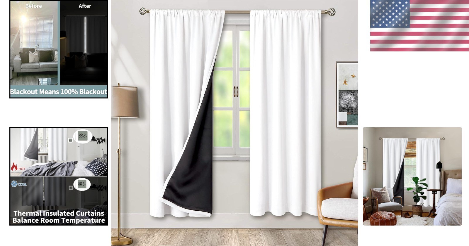 Bedroom Blackout Curtains 52×84″ 2 Panels, Noise Reducing, Thermal Insulation