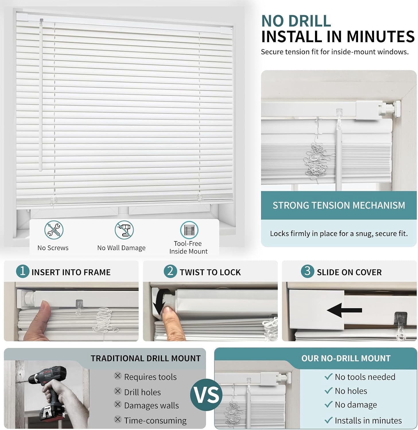 No-Drill Cordless Horizontal Mini Blinds – 37″ W x 64″ H Tool-Free Inside Mou…