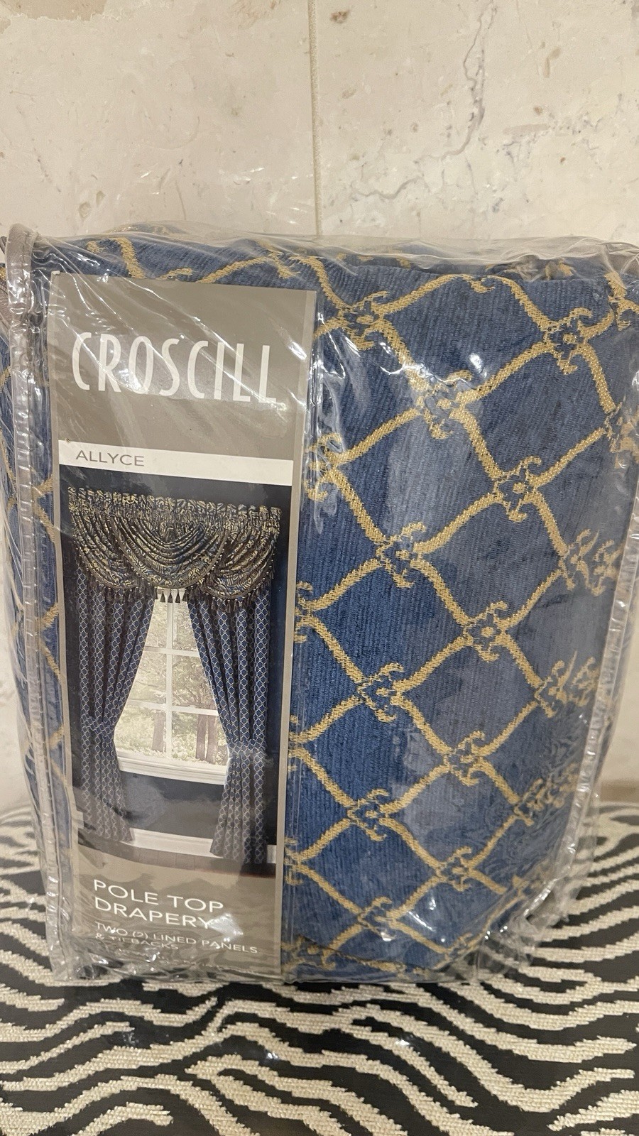 Croscill Allyce Pole Top Drape Drapery Pair 82×84 inches Blue Gold Brand New