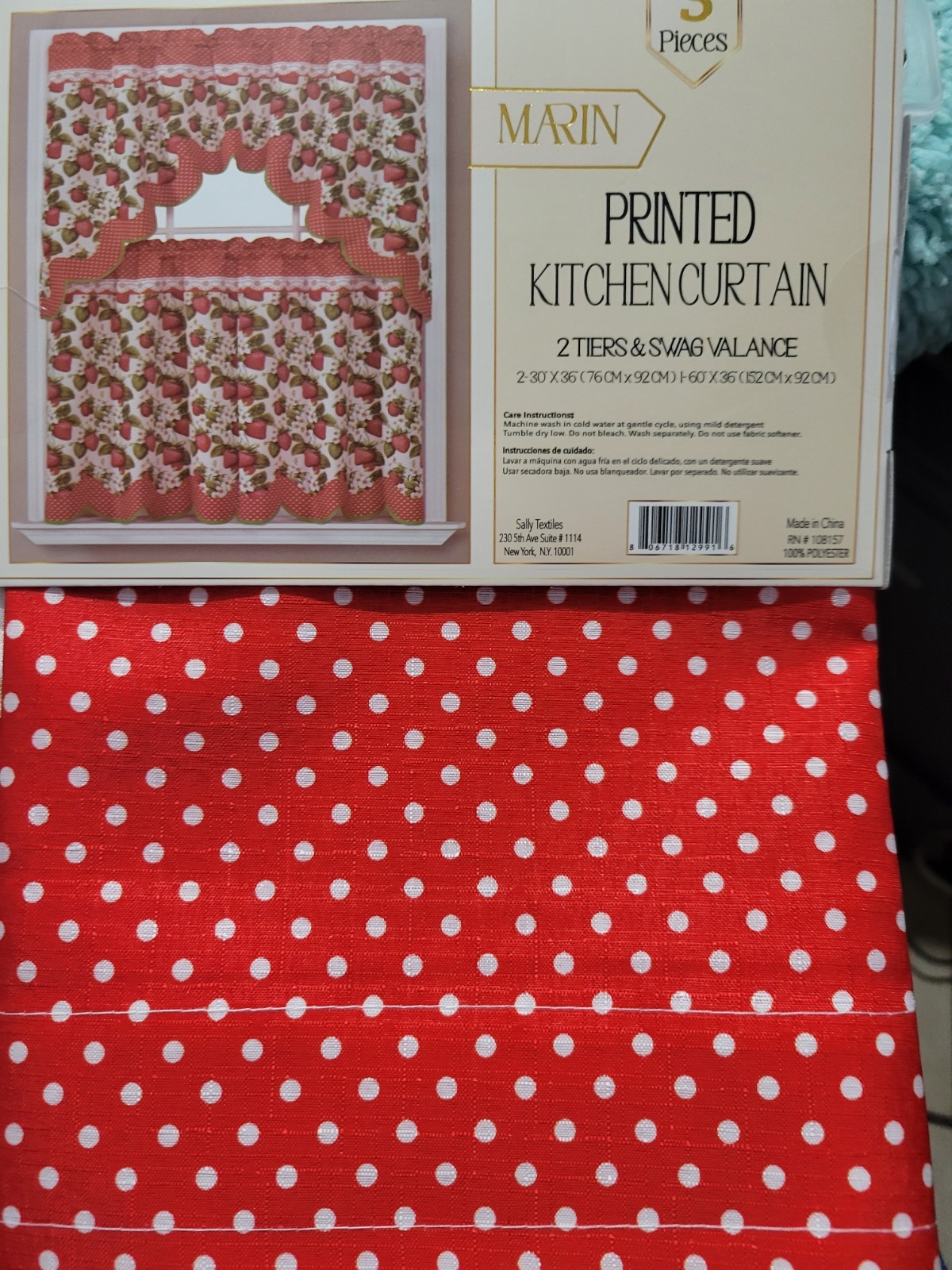 3pc.Printed Curtains Set :2 Tiers & Swag Valance Marin Strawberry Red/Green NEW