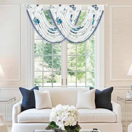 Vintage Print Voile Waterfall Valance 30″W x 24″L (Pack of 1) Blue Butterfly