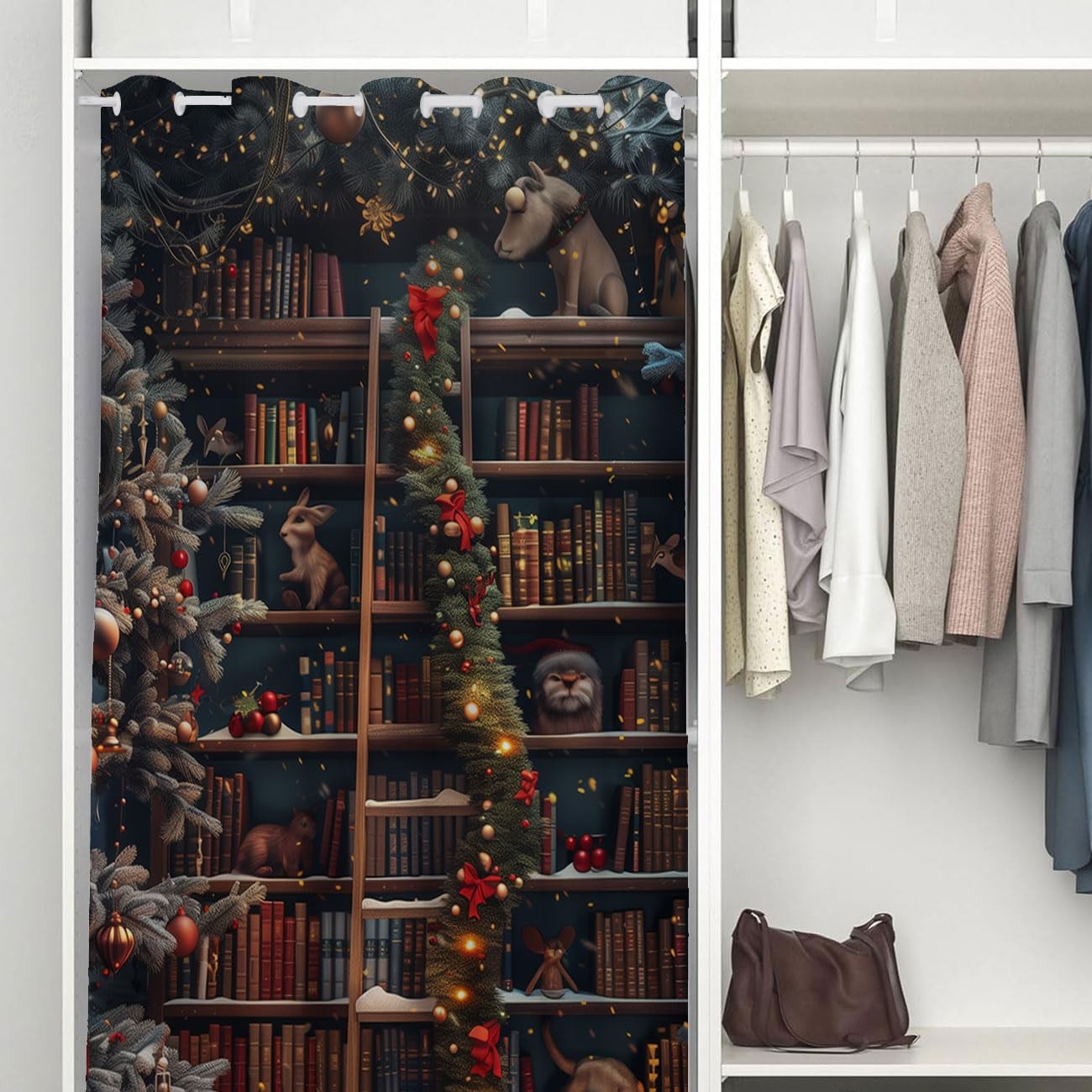 Christmas Bookshelf Door Curtain for Doorway, Fantasy Library Books Room Dark…