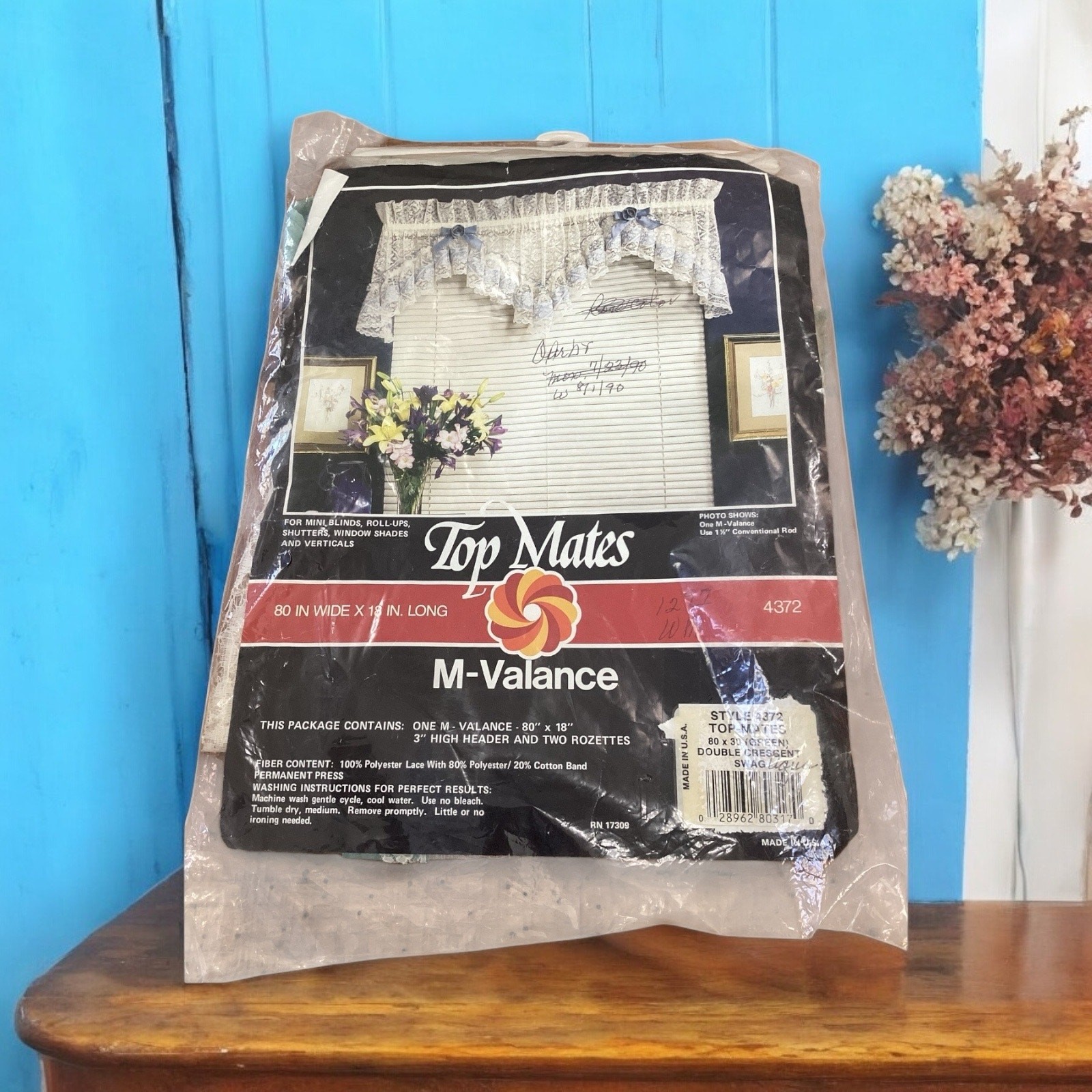 Vintage NIP Top Mates 80×30 Double Crescent Swag Curtain Aqua Blue White Lace