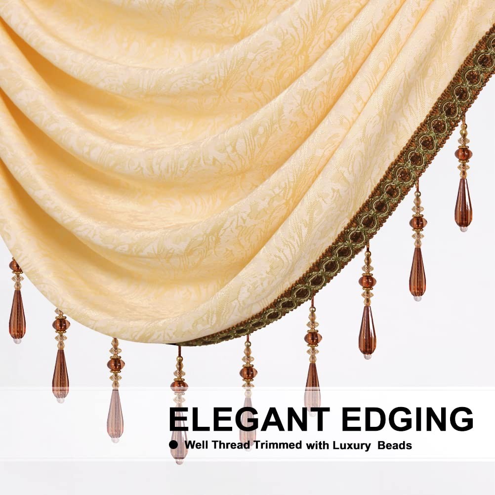 Elkca Jacquard Waterfall Valance Luxury Beads Beige Window Curtains Valance For