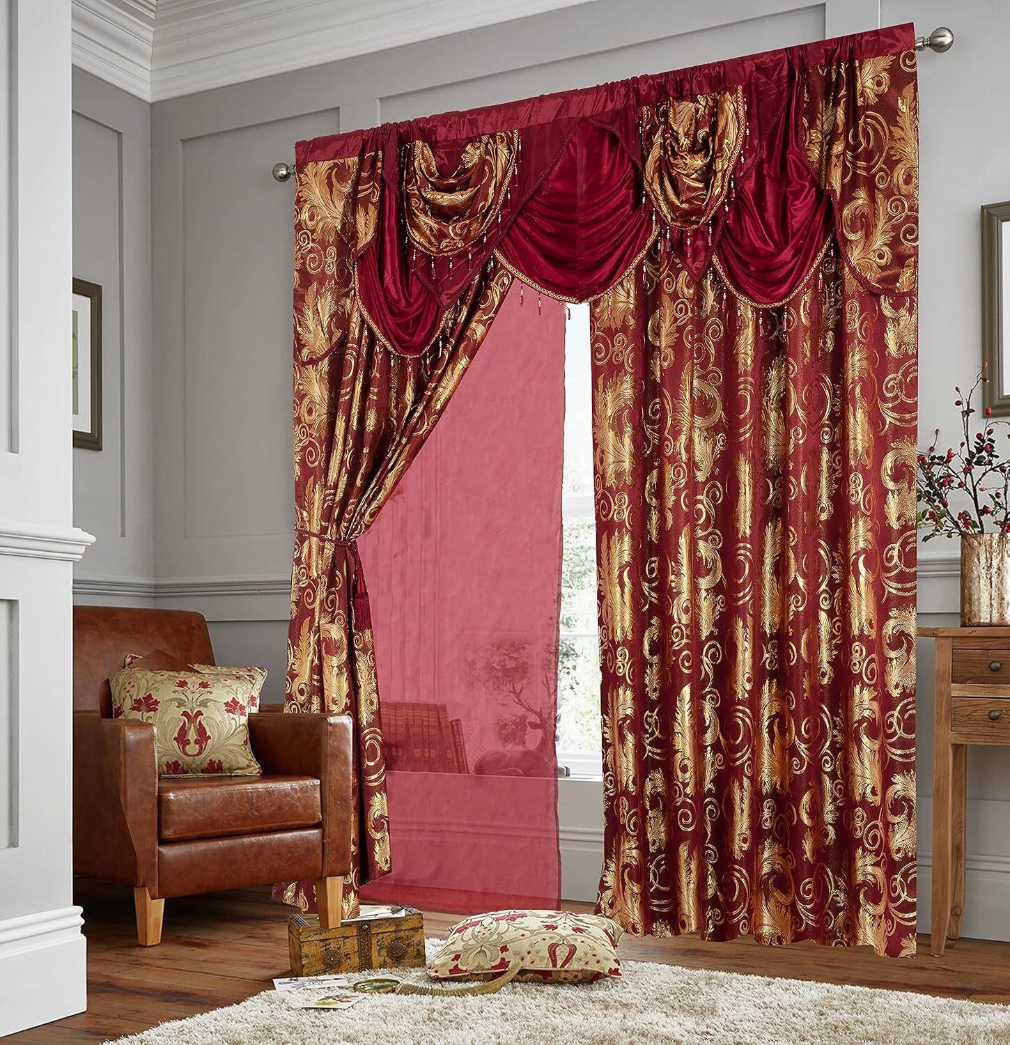 Window Curtain for Living Room Burgundy Red Gold Luxury 2 Panel Curtains 84Lx55W