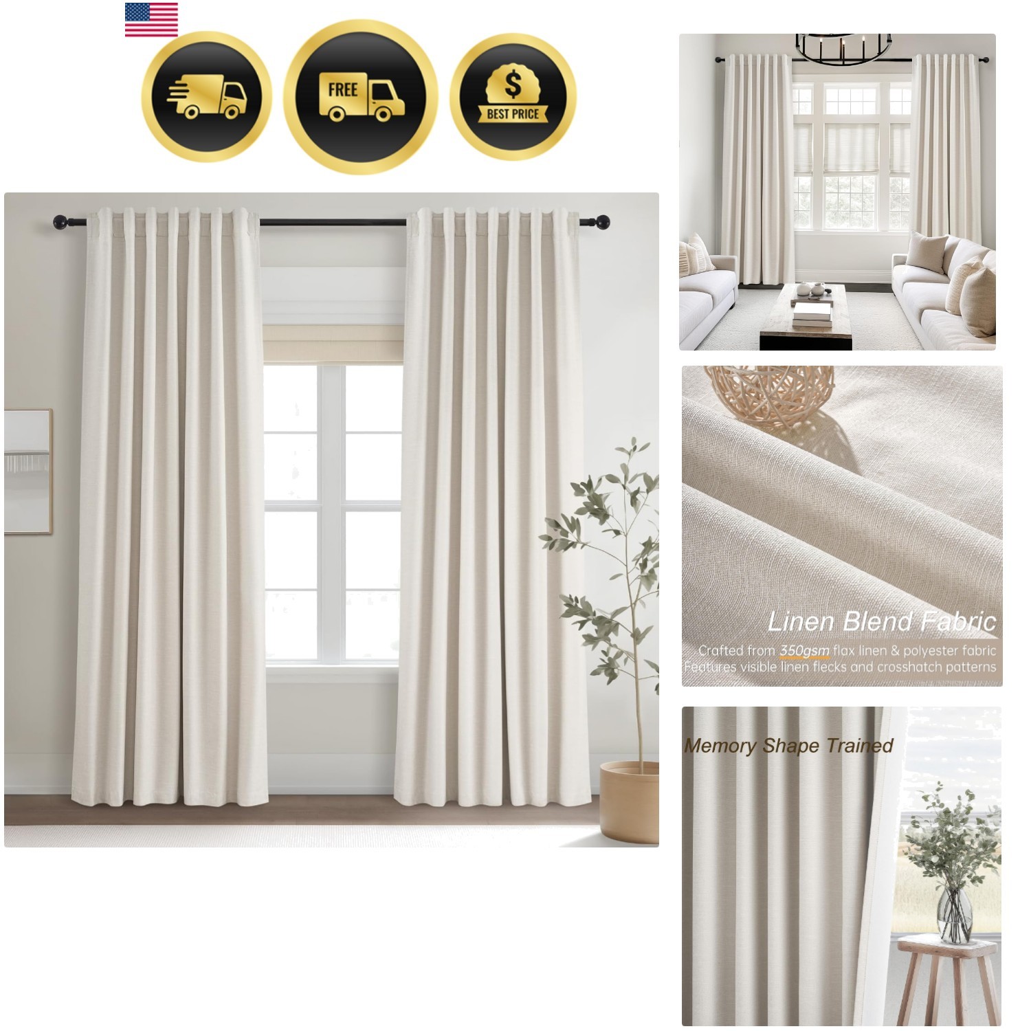 Cream Linen Blackout Curtains 84 Inch Long for Bedroom Living Room, Ivory Pin…