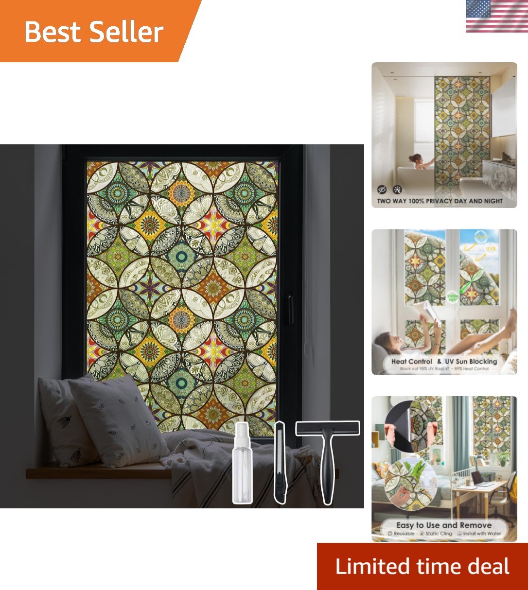 Elegant Stained Glass Window Film – 17.7×78.7 Inch, UV Protection & Heat Control