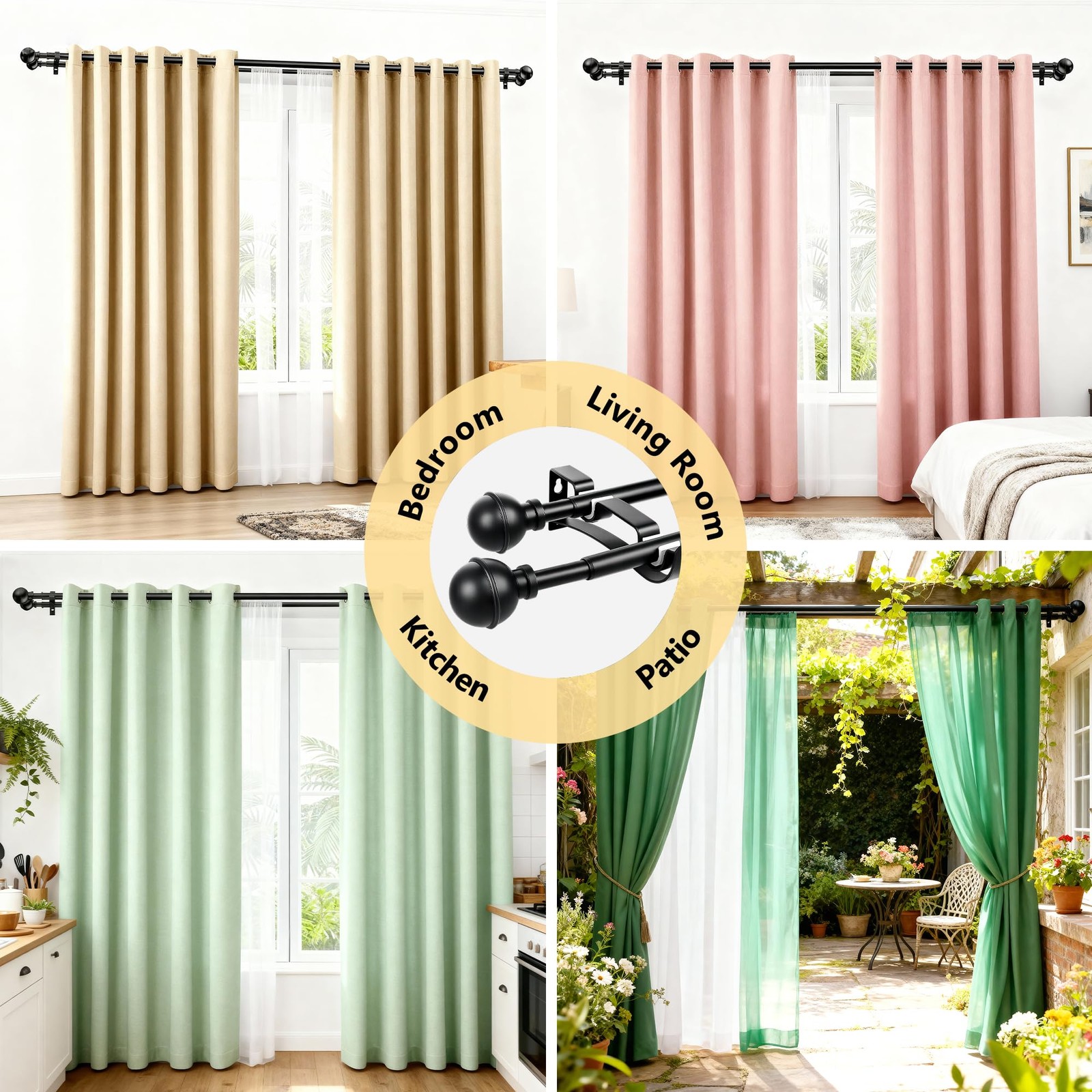 Adjustable Double Curtain Rods Windows 30 To 57 Inch 5/8 Inch Dia Black