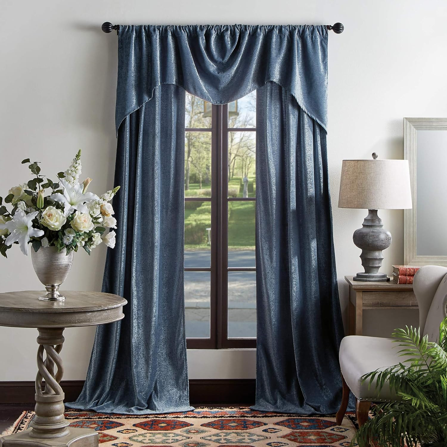 Navy Naples Chenille Back Tab Window Curtain Panel Pair, 84″ Long