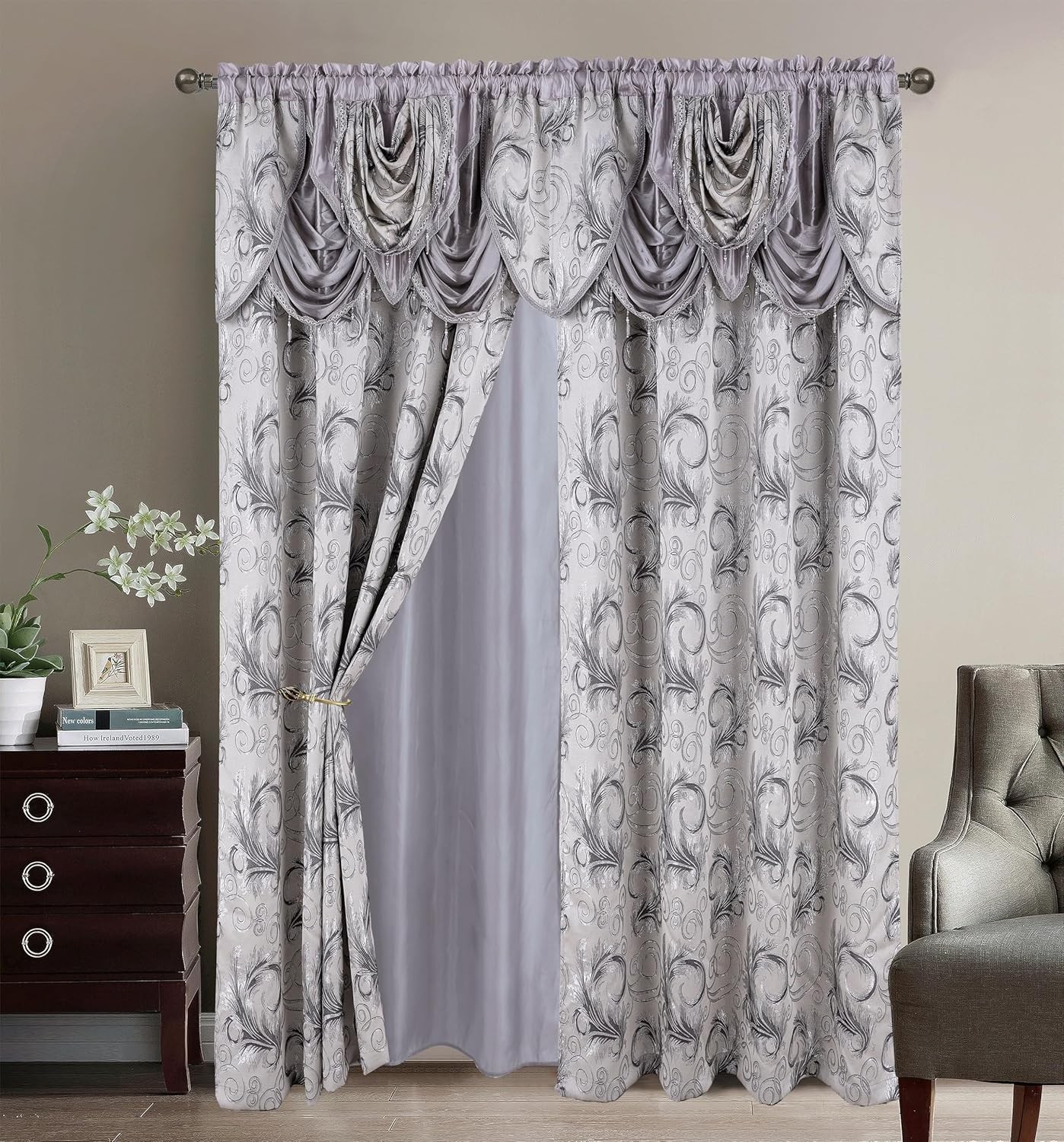 Jacquard Luxury 2 Curtain Panel Set with Attached Valance and Backing Bedroom…