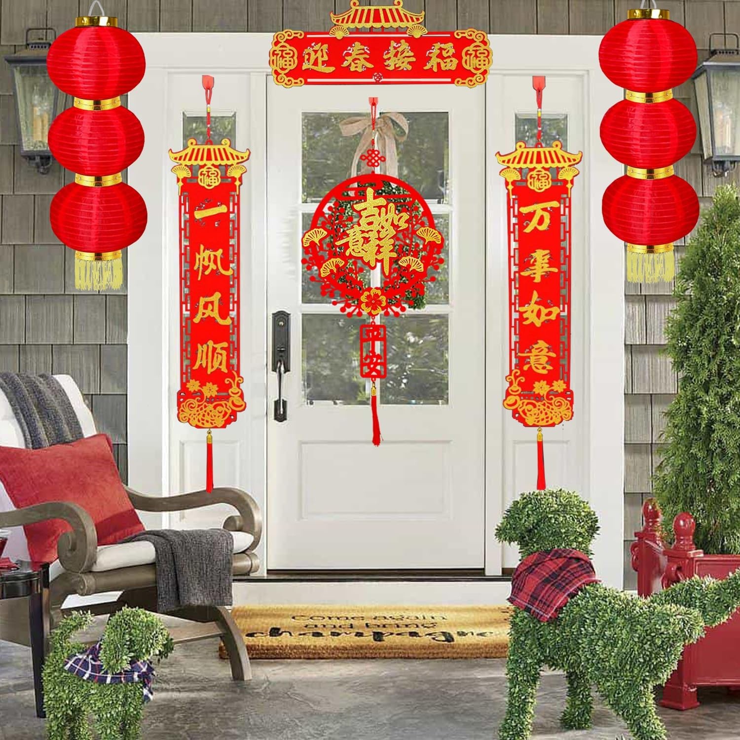 Chinese New Year Decorations 2 Sets Red Fabric Lanterns Decorative Hanging La…