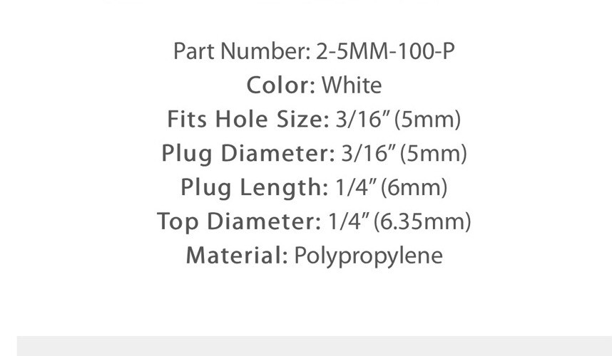 25 Pack 5mm 3/16 Inch White Plastic Hole Plugs Car, Boat Appliances 2-5mm-100-P