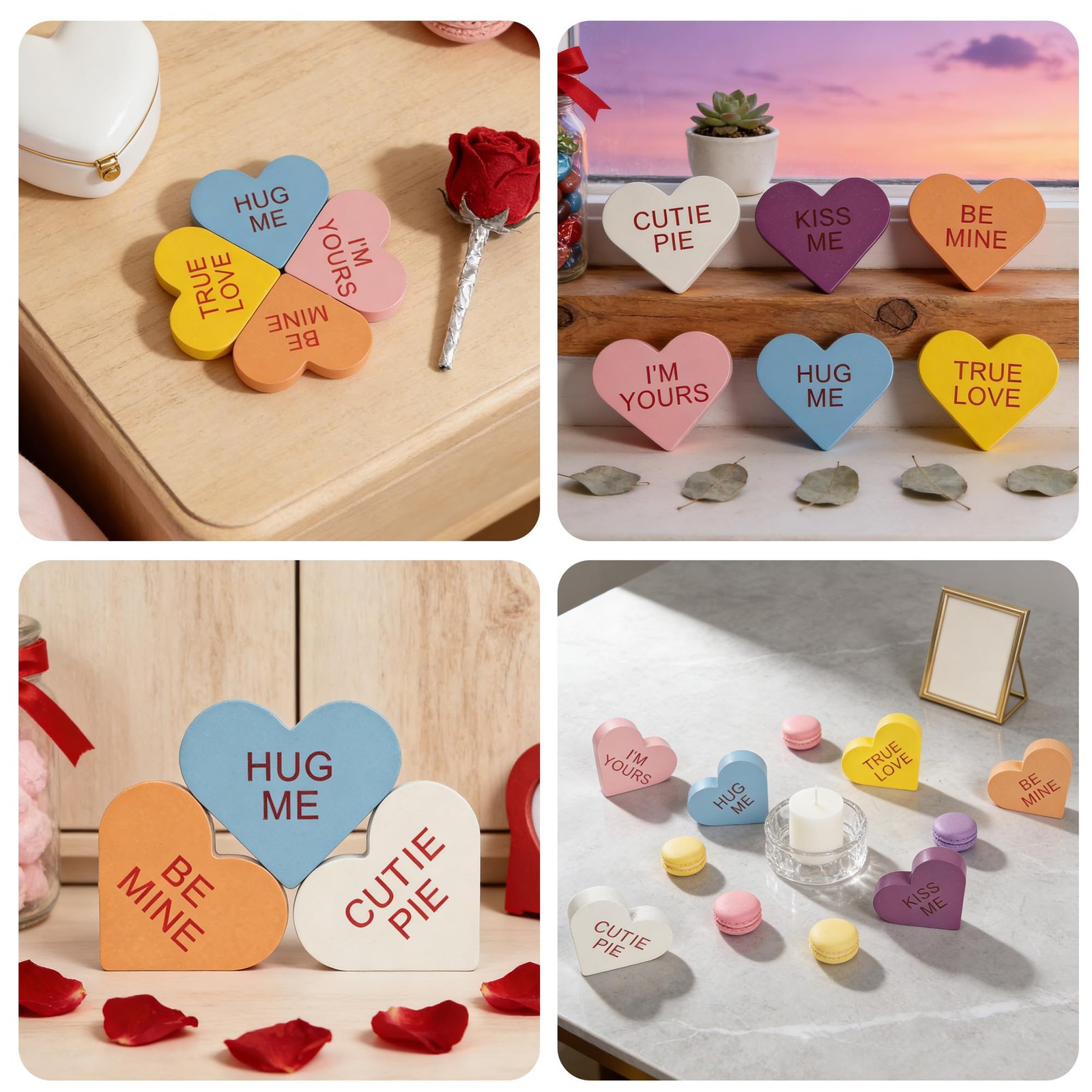 6 Pcs Wooden Conversation Hearts Decor Valentine Mantel Shelf Sign