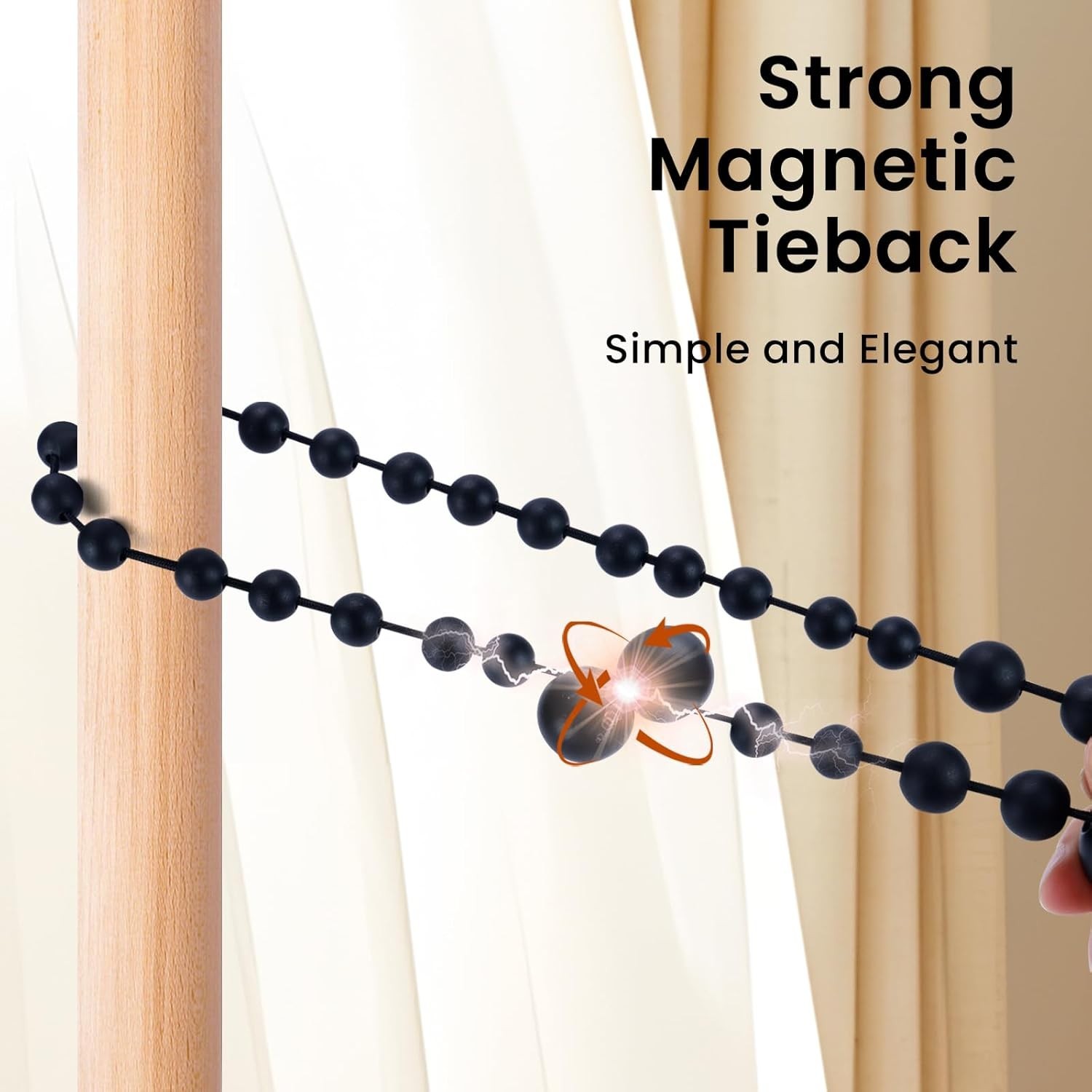 Versatile Magnetic Curtain Holdbacks – Black Wood Bead 2 Pack for Any Room Style