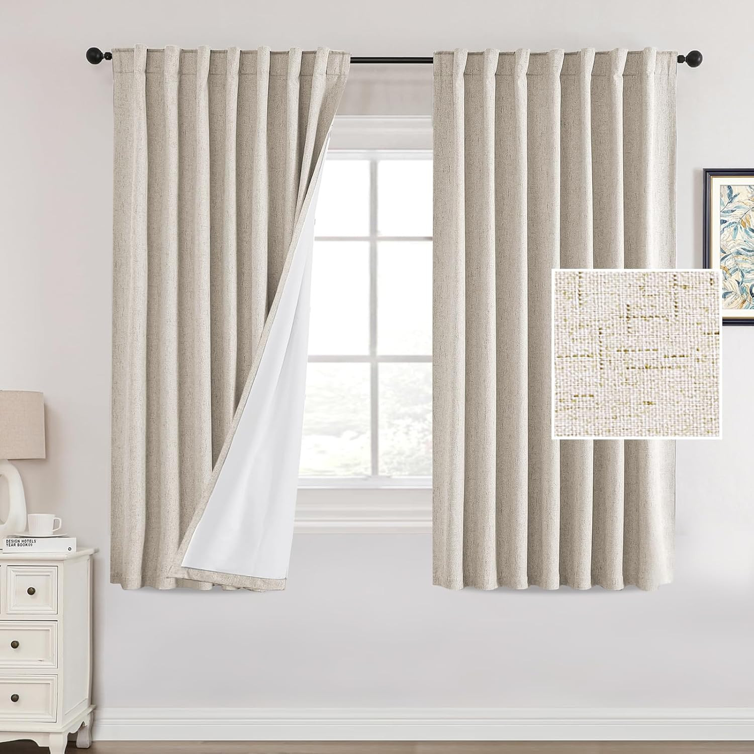 100% Blackout Curtains for Bedroom Farmhouse Linen Curtains 63 Inch Long Back Ta