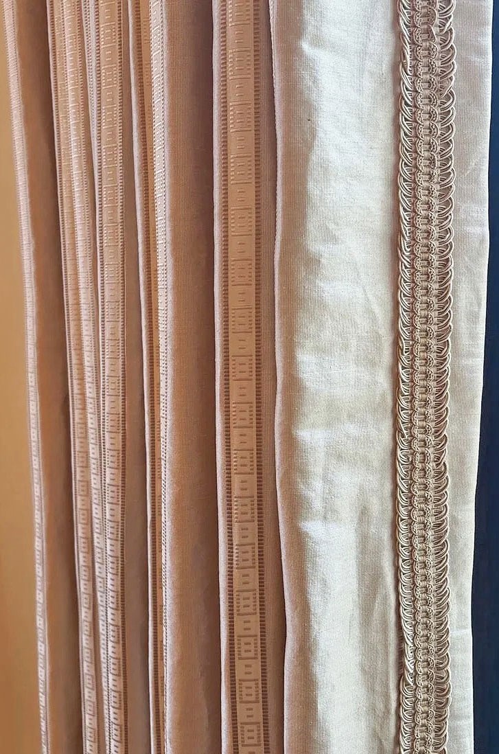High End Designer Custom Pinch Pleated Beige Silk Curtains w/ Fringe Trim ZZ776