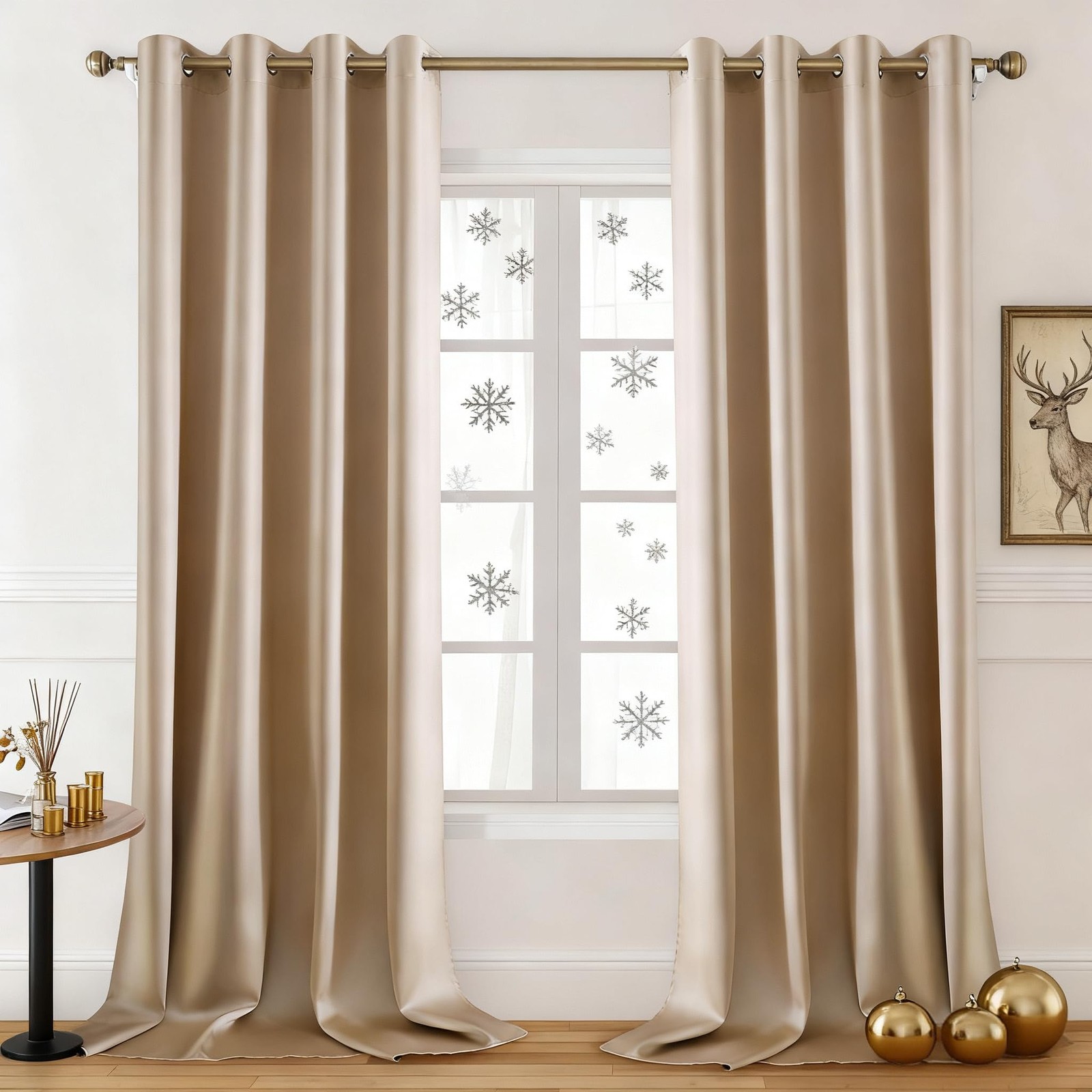 2 Panels Beige Faux Silk Blackout Luxury Curtains, 52 X 84 Inch Room Darkenin…