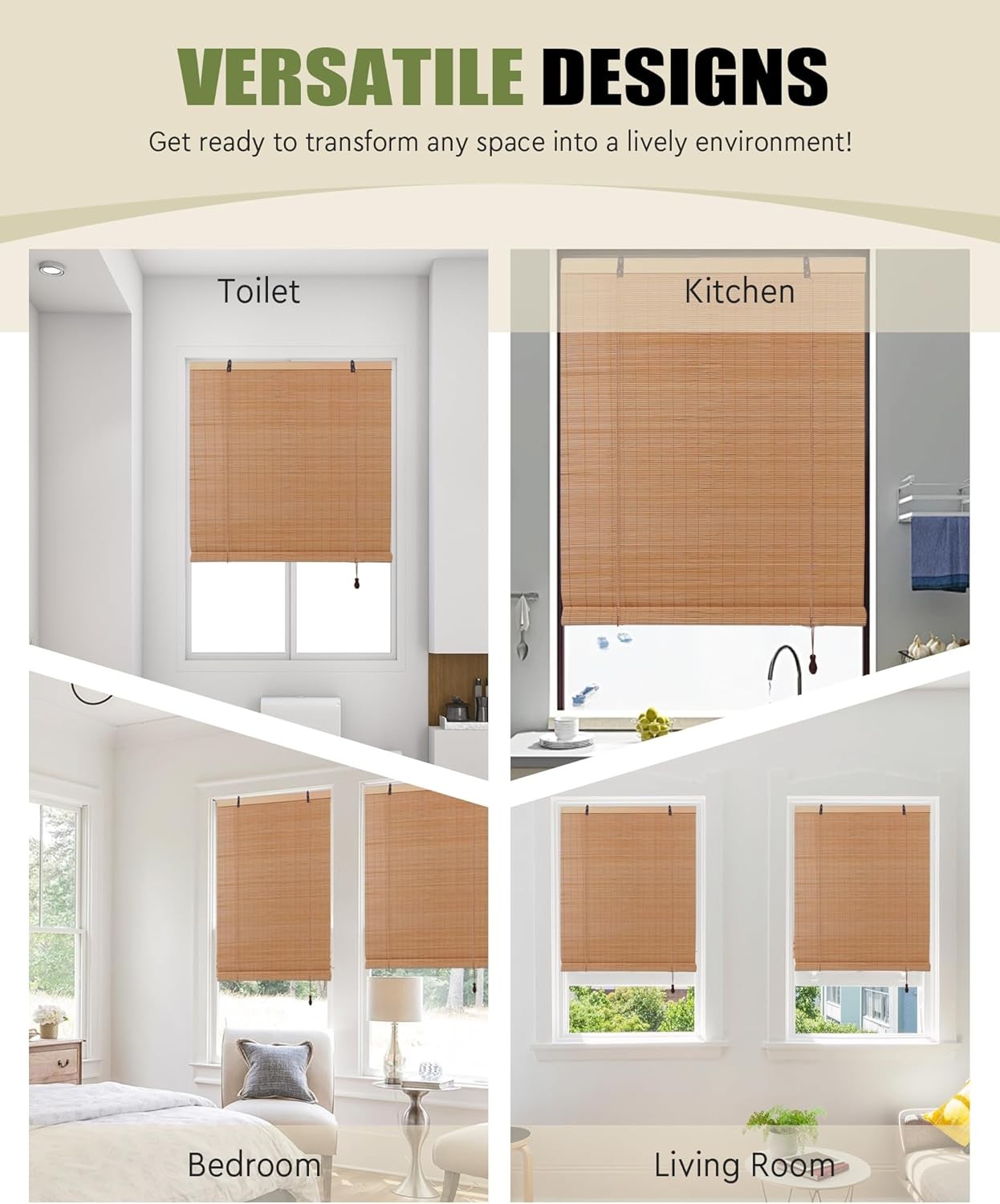 Retro Bamboo Blinds 72″ W x 72″ H Bamboo Roman Shades Light Filtering Roll Up