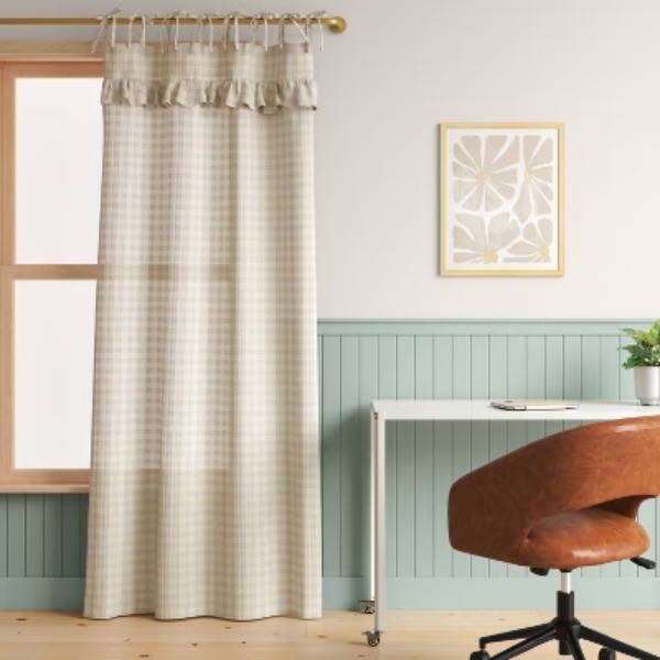 42″x84″ Light Filtering Gingham Ruffle Dorm Curtain Panel Ivory/Tan 1pc