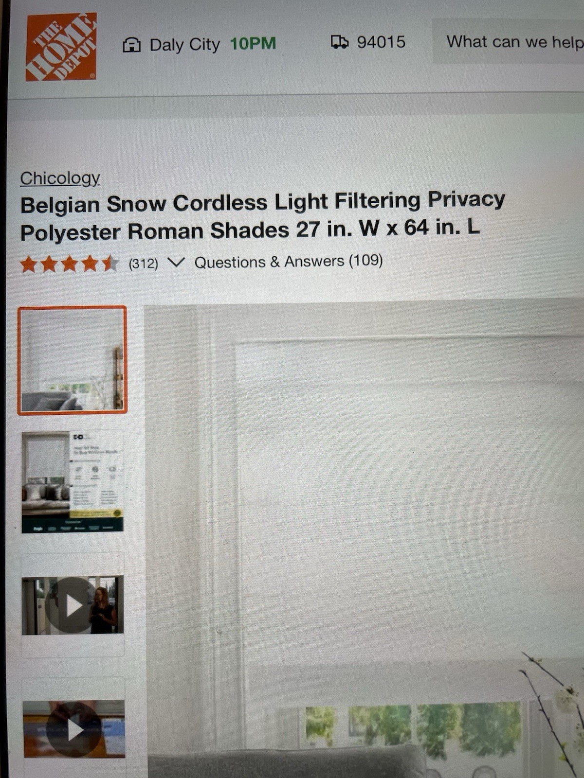 27″x64″ Chicology Light Filtering Roman Curtain Shade Belgian Snow