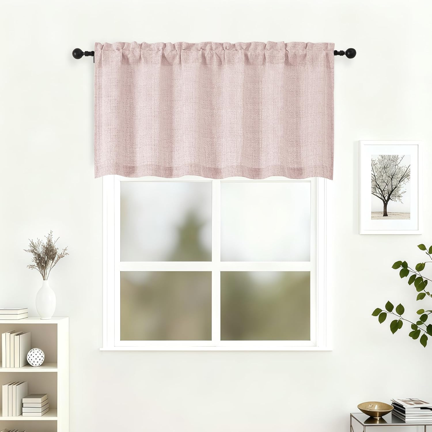 Blush Pink Kitchen Curtains 24 Inch Length, Light Filtering Faux Linen Textured