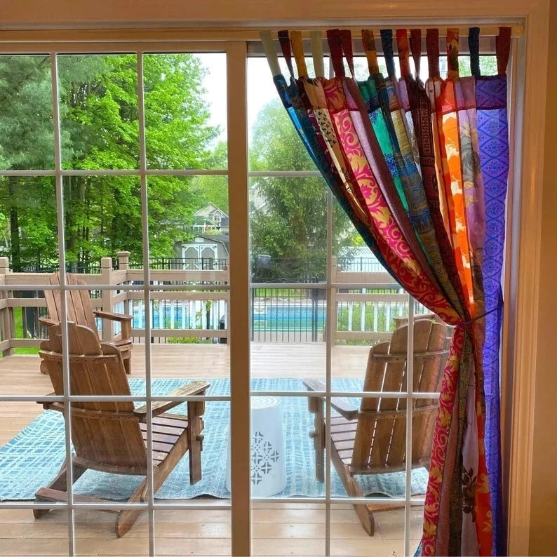 Handmade Indian Sari Patchwork Curtains 2 Pc – Silk Blend Light-Filtering Drapes