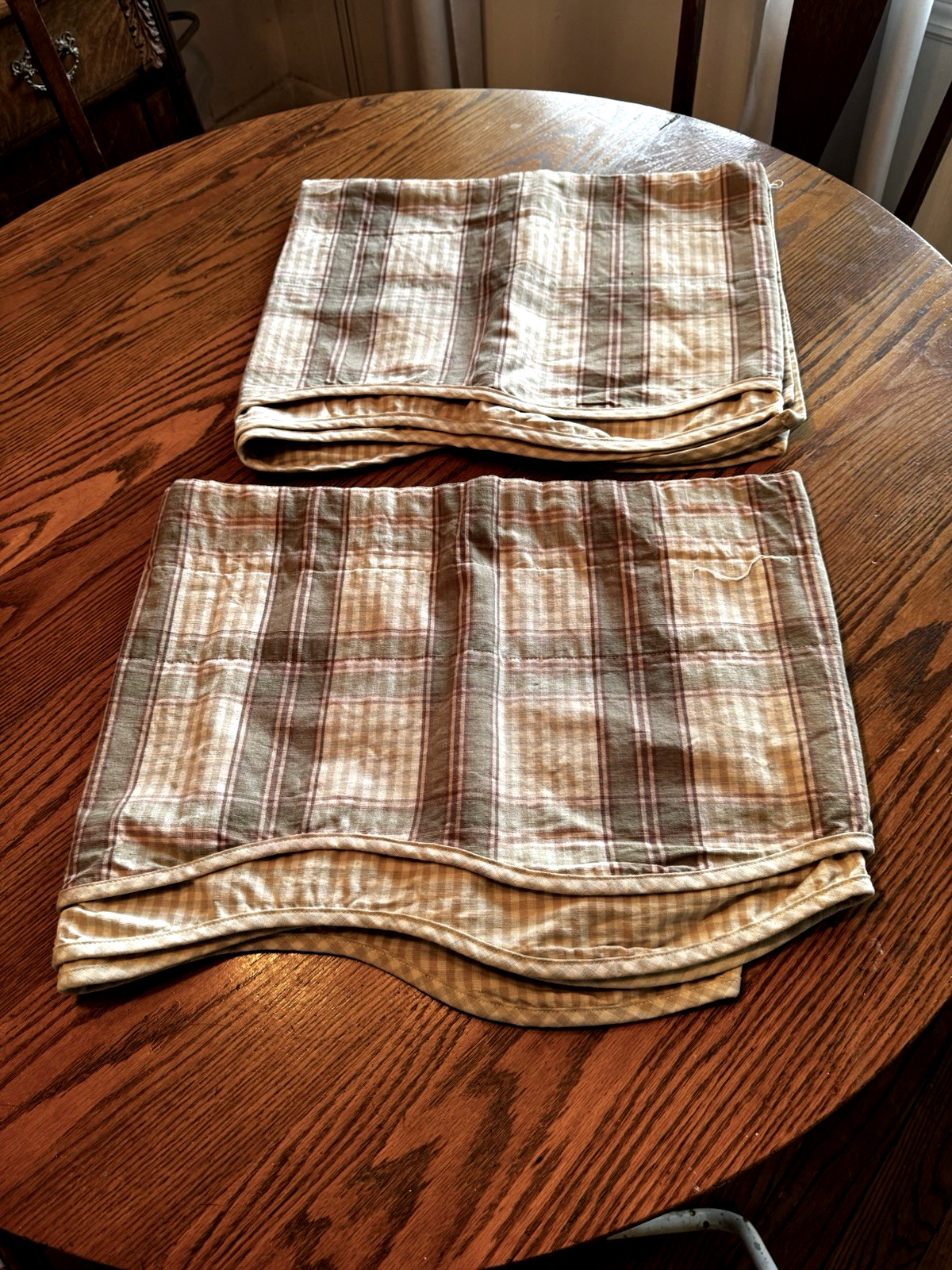 2 Waverly Window Valance Green Tan Check Plaid Print Layered Cotton 81X 16.5″ FS