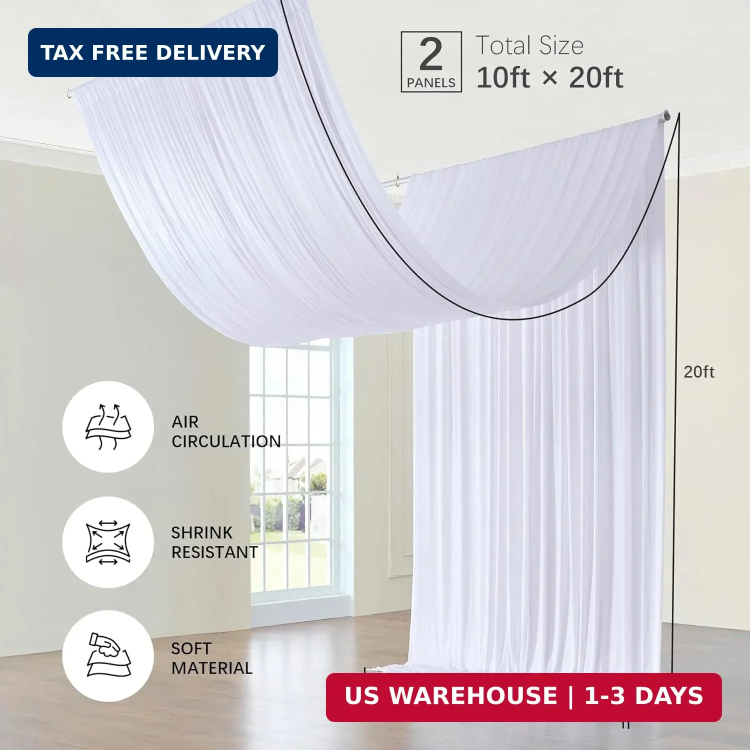 2 Panels 5ft(W) x 20ft(H) White Ceiling Drapes for Wedding Parties – 20 FT Extra