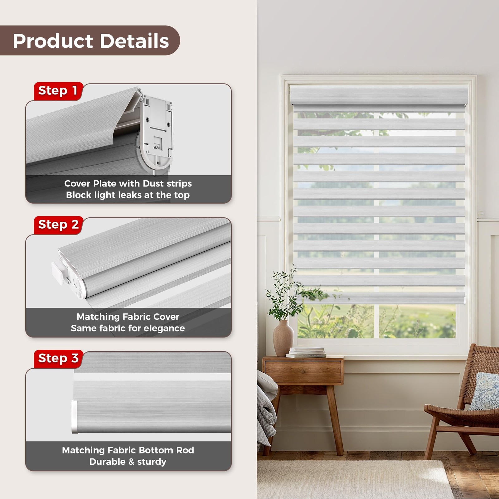 Allesin Zen No Drill No Tools Cordless Zebra Blinds Renter Friendly Dual Layer