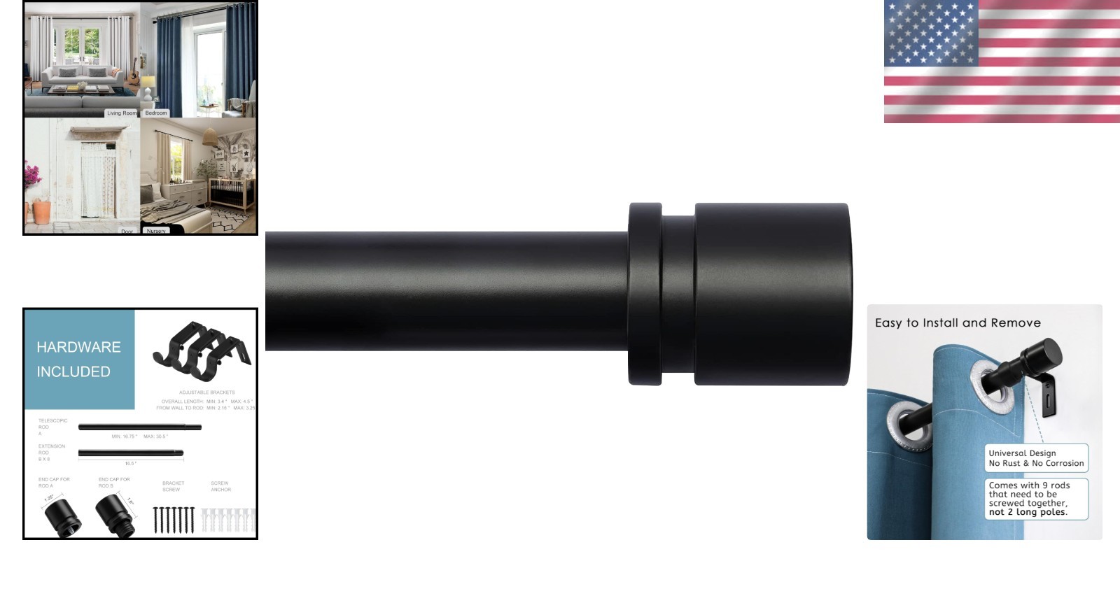 Heavy Duty Adjustable Curtain Rod 16-144 Inches Black with Easy Installation Kit