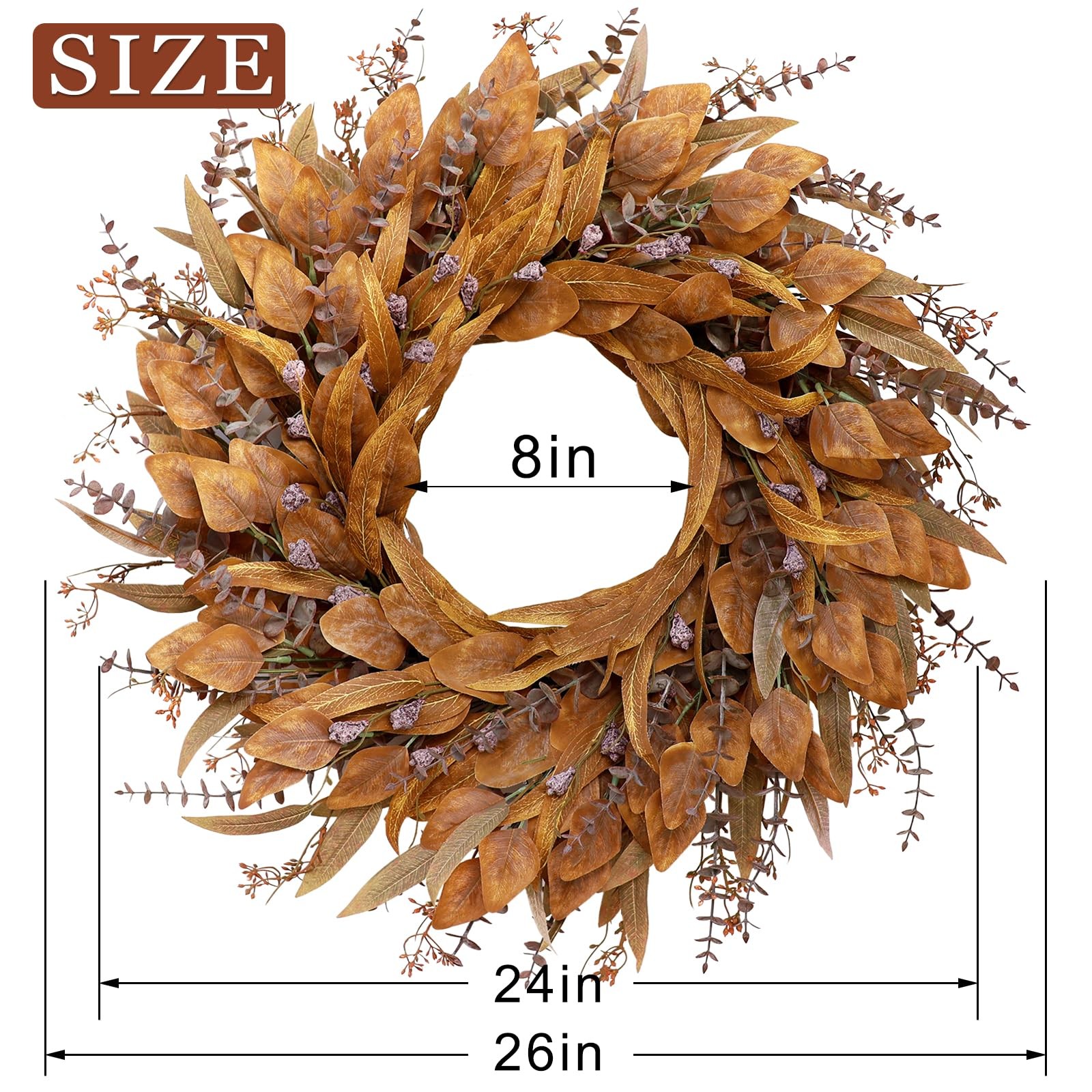 26” Eucalyptus Wreath for Front Door – Autumn Large Artificial 26 IN, Orange