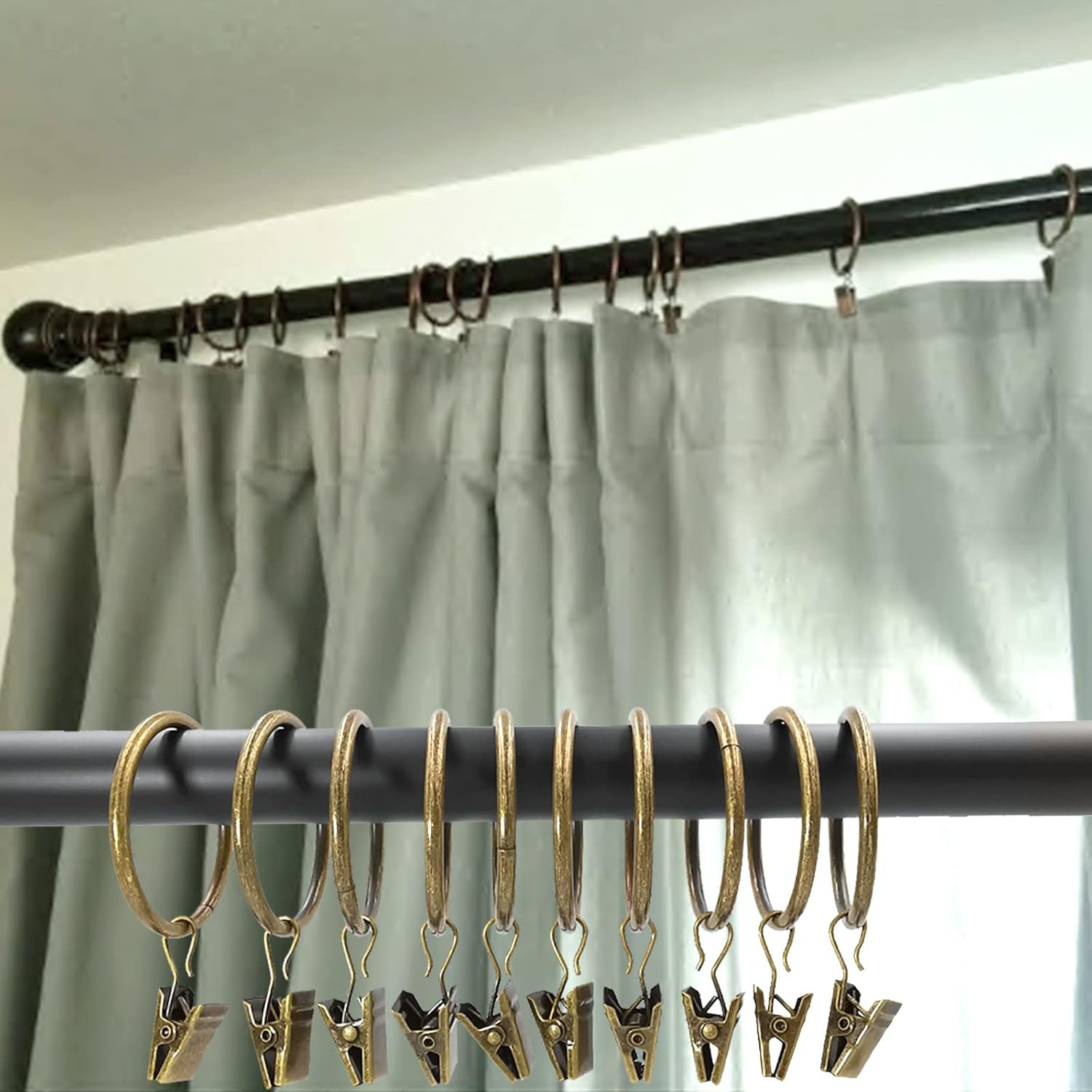 100 Pack Bronze Curtain Rings with Clips, Curtain Hooks Hangers Clip Rings for H