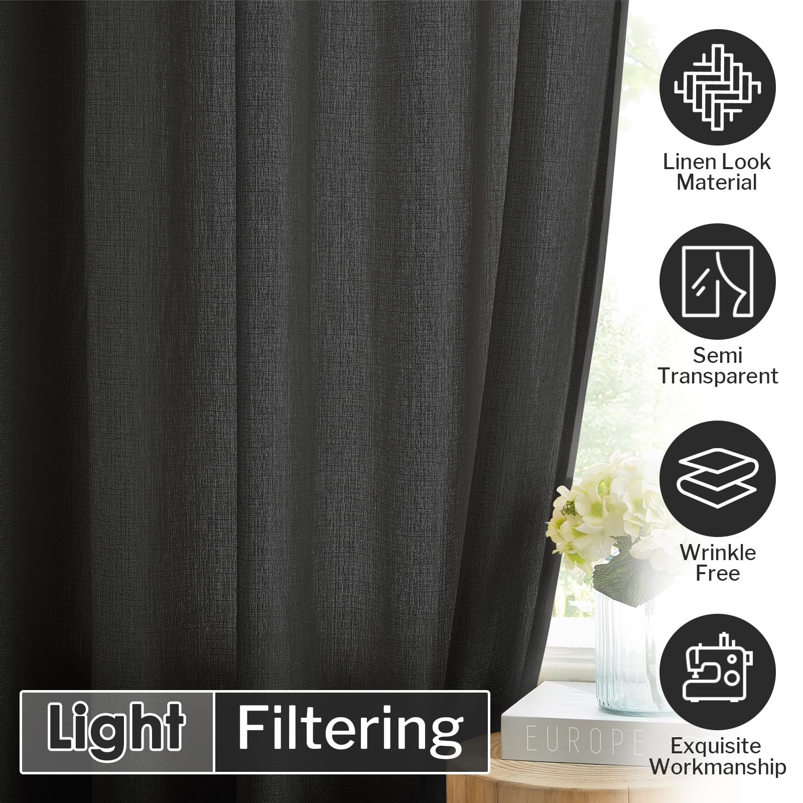 Melodieux Black Semi Sheer Curtains 84 Inches Long For Living Room Bedroom Flax